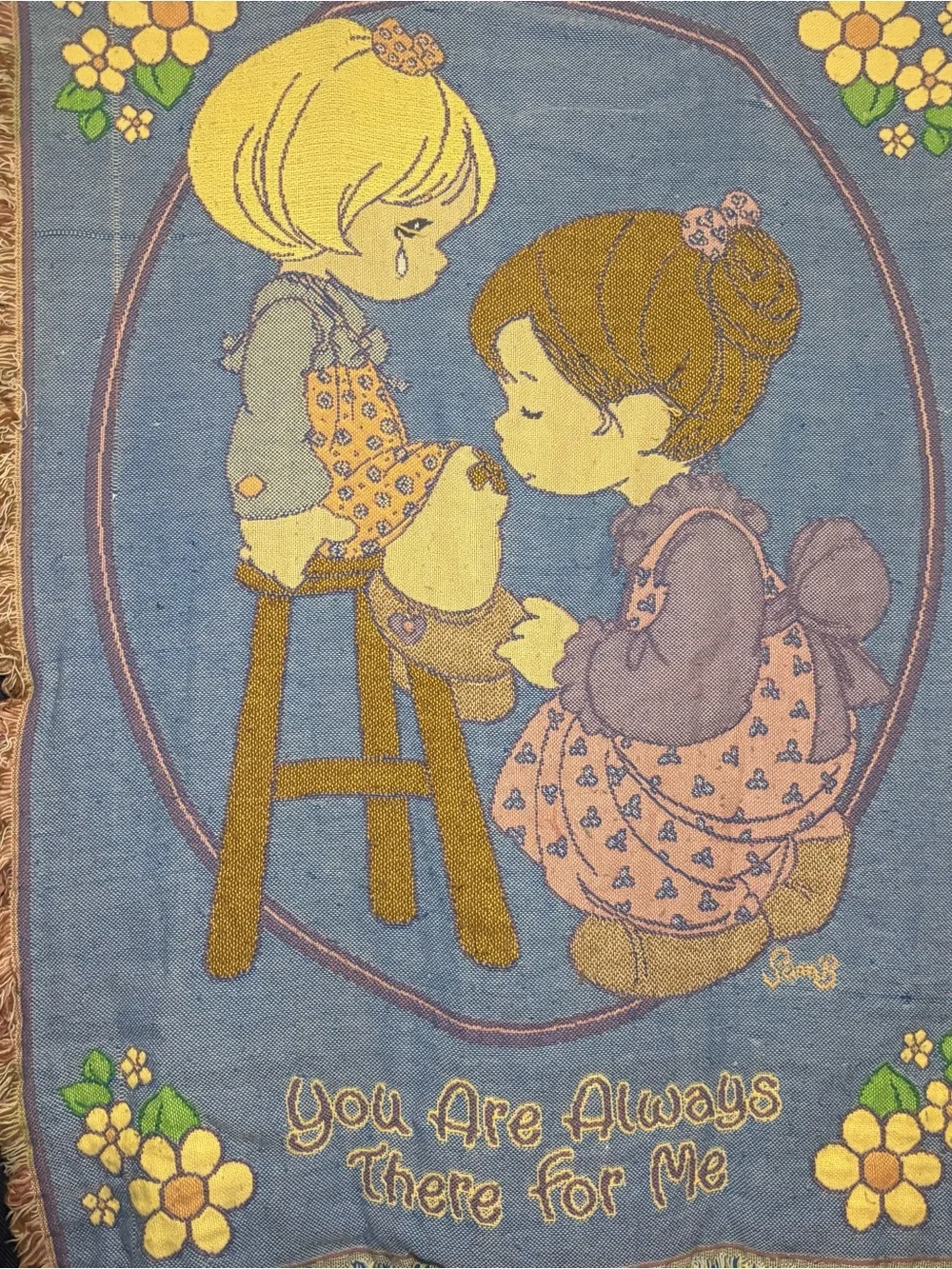 VTG 1999 Precious Moments Woven Tapestry Throw Blanket Northwest USA Mom Child